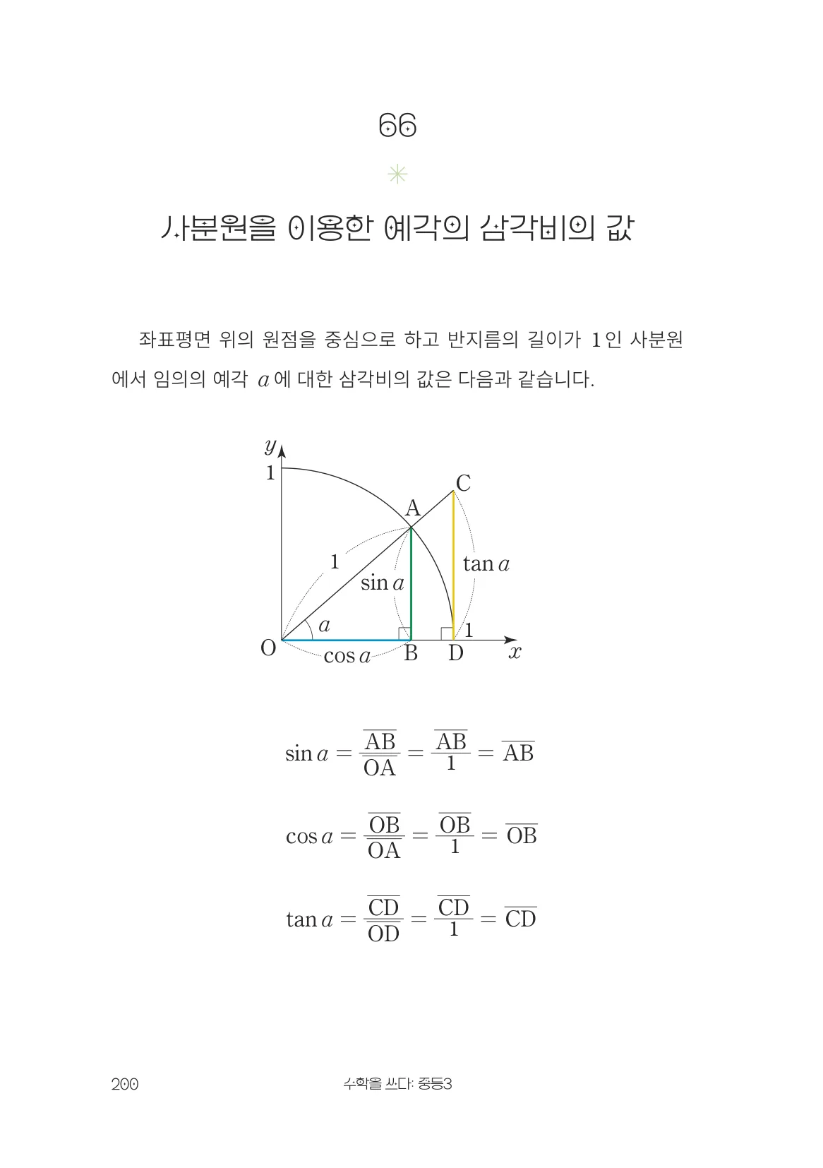 사분원을 이용한 예각의 삼각비의 값 개념 원문 페이지
